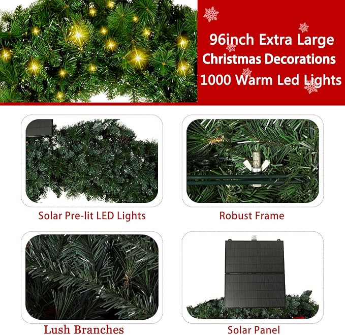 Solar Extra Large Christmas Wreath 96 Inch Pre-Lit Solar 1000 Led Warm White Lights Holiday Artificial Decor Lighted Wreath Outdoor for Green Christmas Decorations 96Inch(9601)