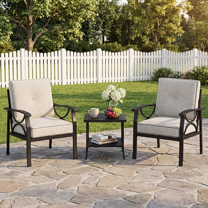 Outdoor Patio Furniture Set, 3 Pieces Metal Patio Conversation Set with Side Table for Porch Backyard Garden, Black