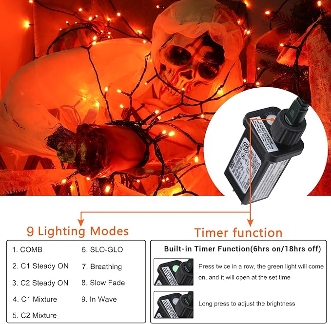 Toodour Orange Candlelight Christmas Lights, 131ft 350 LED String Lights with 9 Modes, Timer, Connectable, Dimmable Orange Christmas Outdoor Lights for Home, Party, Garden, Yard, Holiday Decorations