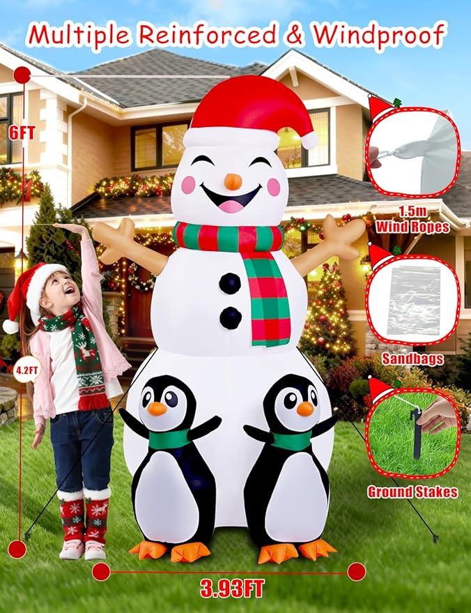 6FT Christmas Inflatables Outdoor Decorations,Inflatable Snowman with 2 Penguins Build-in LED Light-Christmas Blow Up Yard Decorations for Indoor/Outdoor Holiday Garden Lawn Yard Patio