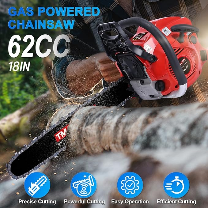 62cc Gas Chainsaw, 3.5-HP, 18 Inch Gas Powered Chainsaw, 2-Stroke Chainsaws with Automatic Oiler, Gasoline Chain Saw for Cutting Wood Outdoor Garden Farm Home, Red
