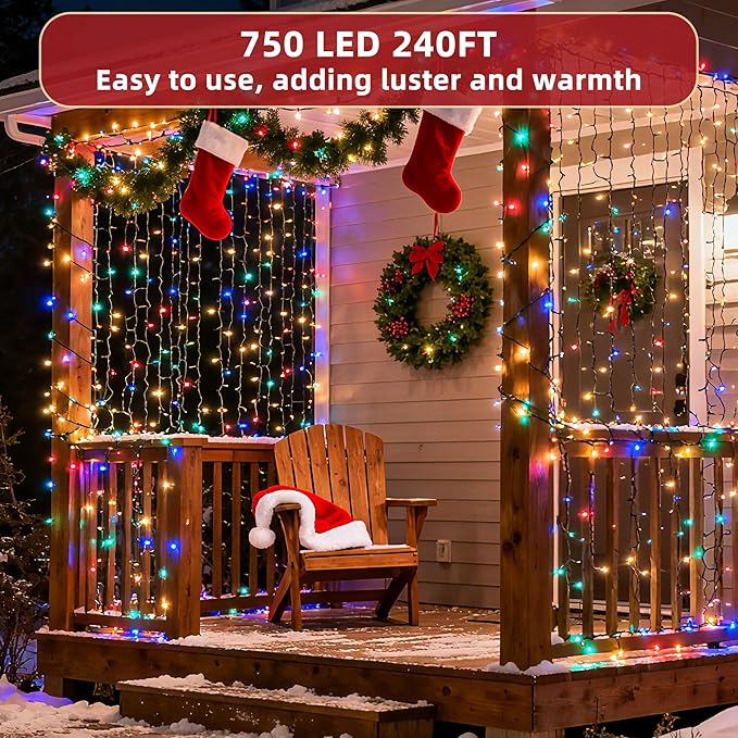 240ft Outdoor Christmas Lights, 750 LED Super Long String Lights 12 Modes & Timer Memory, Dimmable Outsite Waterproof Light Strings for Xmas Tree Garden Wedding Party Holiday Decorations Multicolor