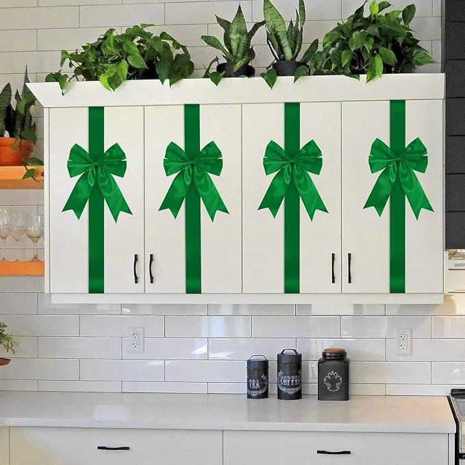 BBTO 6 Pcs Christmas Cabinet Door Green Ribbons 8x40 Inches Festive Large Bow Christmas Wreath Tree Bow Festival Wrapping Decorations for Home Fireplace Door Chair Holiday Party Supplies
