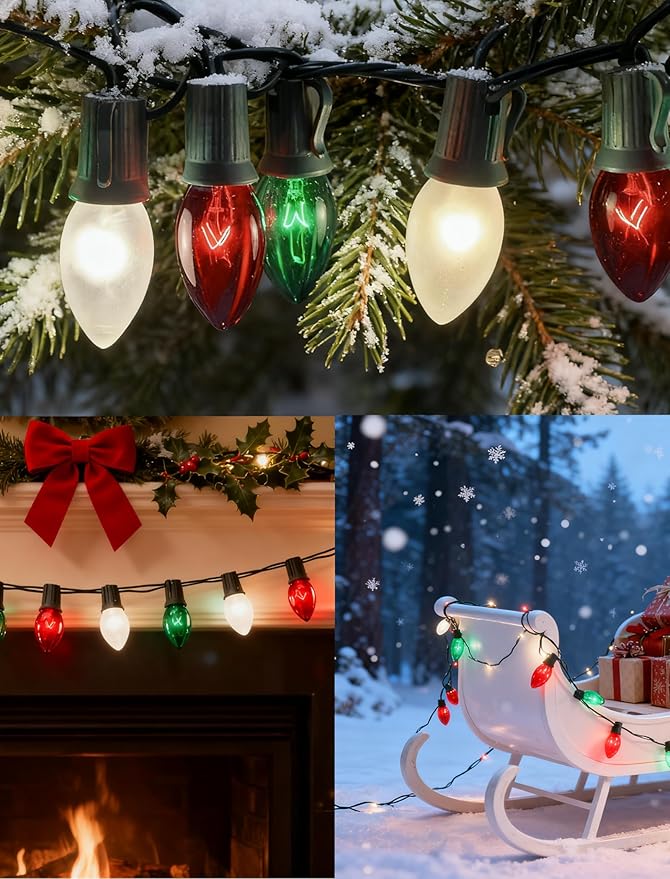 C9 Red White and Green Christmas Lights Outdoor, 25FT Vintage Christmas Tree Light with 26 C9 Clear Multicolor Bulbs, Hanging Outdoor Christmas Lights for Holiday Roofline Patio Garden Party Decor