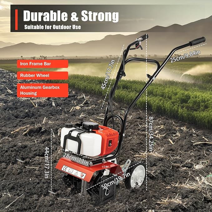 52CC 2-Stroke Gas Powered Tiller Cultivator 1700W Heavy-Duty Single Cylinder Motor, Gasoline Powered Garden Tiller, Garden Cultivator for Cultivation, Trenching, Soil Tillage, Loosening