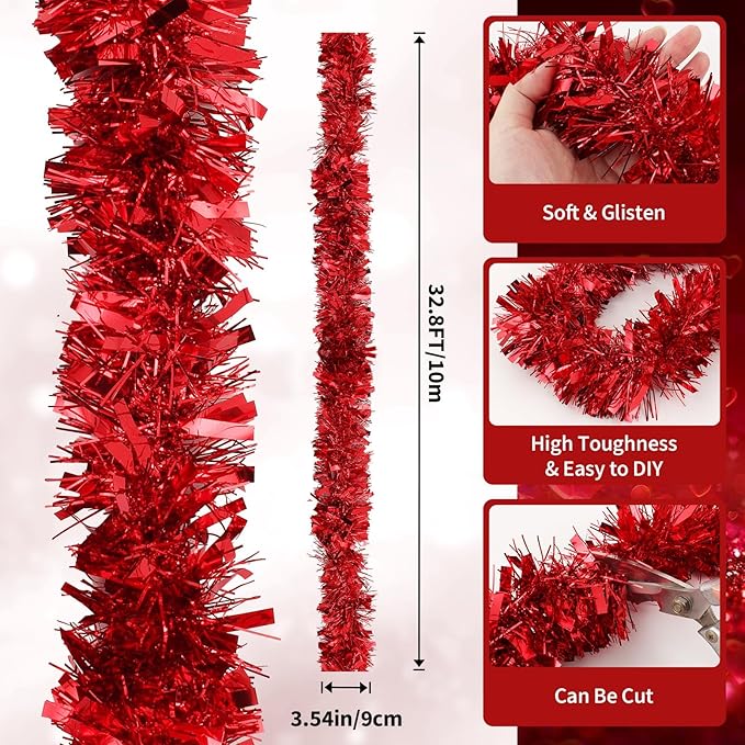 33 FT Red Christmas Tinsel Garland, Metallic Christmas Tree Decoration, Candy Cane Christmas Decoration for Holiday Classroom Halloween Birthday Party,Indoor and Outdoor New Year Parties