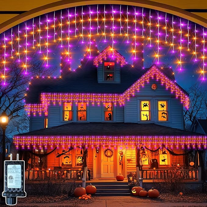 Outdoor String Lights Waterproof Halloween Lights with Timer, 11 Modes for Holiday Party Home Decor (Purpel+Orange, 360LED 32FT)