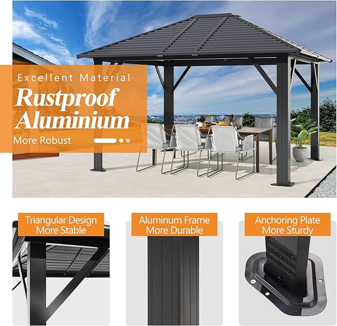 GARTOO 10' x 12' Patio Hardtop Gazebo - Outdoor Metal Hard Top with Breathable Mesh, Galvanized Steel Top Gazebo for Garden, Lawn, Outdoor Party (Black)