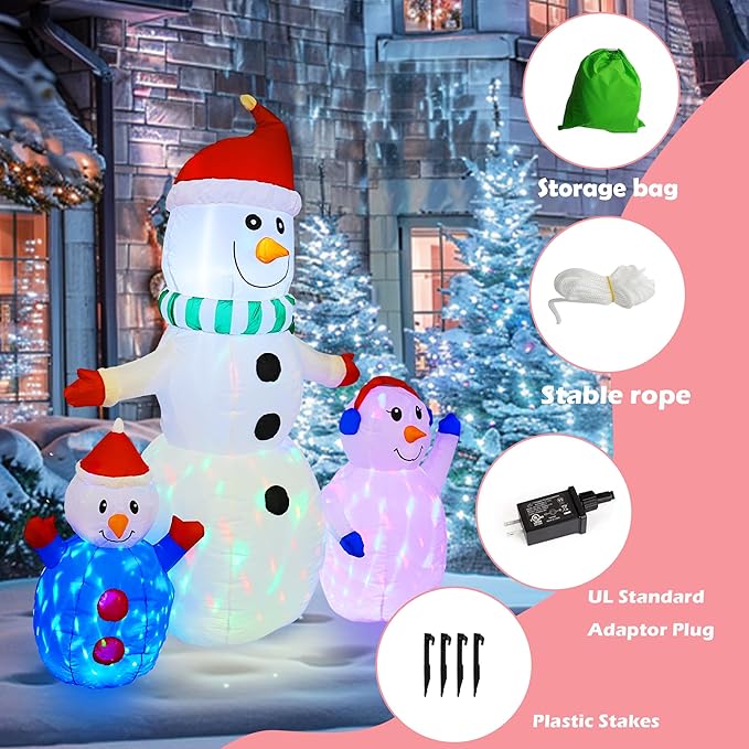 Hourleey 6 FT Christmas Inflatable Snowman Outdoor Decorations, Blow up Snowman Built-in Colorful Rotating LED, Waterproof Christmas Decoration for Yard Garden Lawn Xmas Holiday Decor