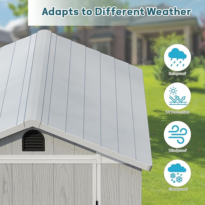 Greesum 4x6FT Plastic Outdoor Storage Shed with Floor, Resin Storaged Sheds with Lockable Door, All Weather Durable Tool Shed with Window and Vent, for Garden, Backyard, Patio, Light Gray