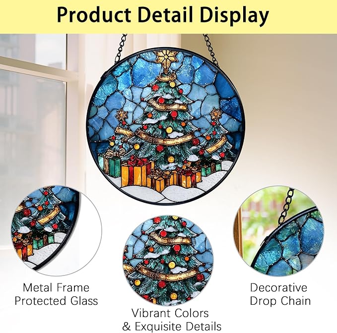 TNUW Christmas Tree Stained Glass Window Hanging, Winter Tree Xmas Sun Catchers Indoor Window Glass Round Wall Art Decor, Winter Christmas Wall Hanging Decorations, 7.9＂x7.9＂