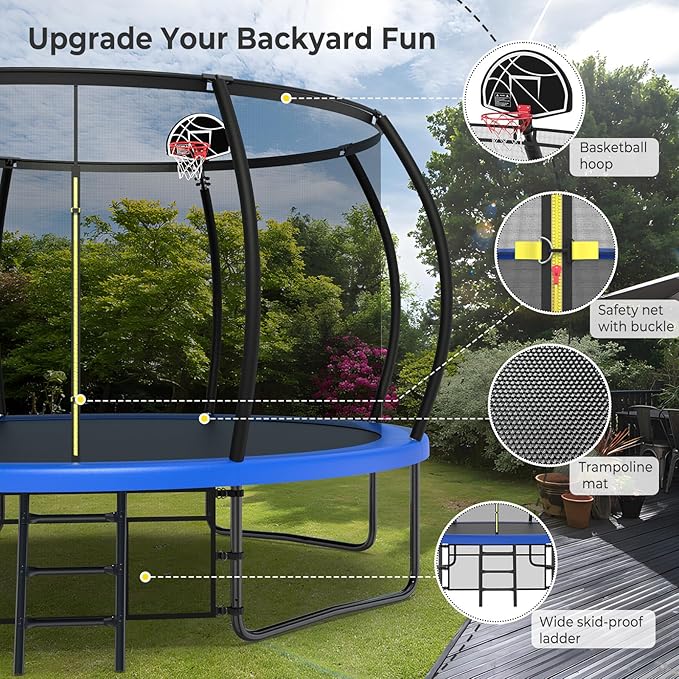 Lyromix 12 14 15 16FT Outdoor Trampolines for Kids and Adults, Pumpkin Trampolin with Curved Poles, Recreational Trampolin with Basketball Hoop and Safety Enclosure Net for Kids and Adults