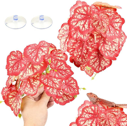 2 Pack Reptile Plants for Terrarium, Artificial Leaves Habitat Decorations with Suction Cups, Terrarium Hanging Plants Vines for Bearded Dragons Lizards Snake Geckos Frogs - Red