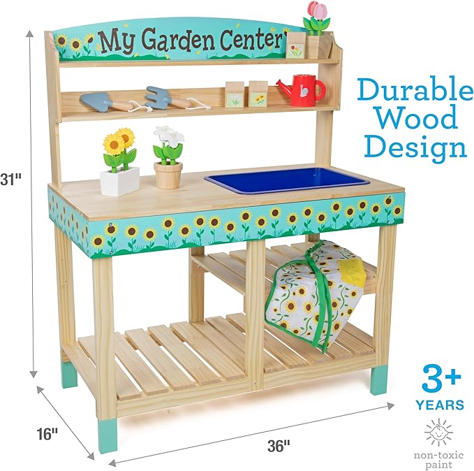 Bloom & Grow Gardening Center Wooden Toy Indoor Playset- 22 Pc Garden Stand Set w Flowers, Seed Packets, Pots, Shovel Rake Apron Watering Pot- Interactive & Fun Pretend Playtime, Xmas Gift for Kids