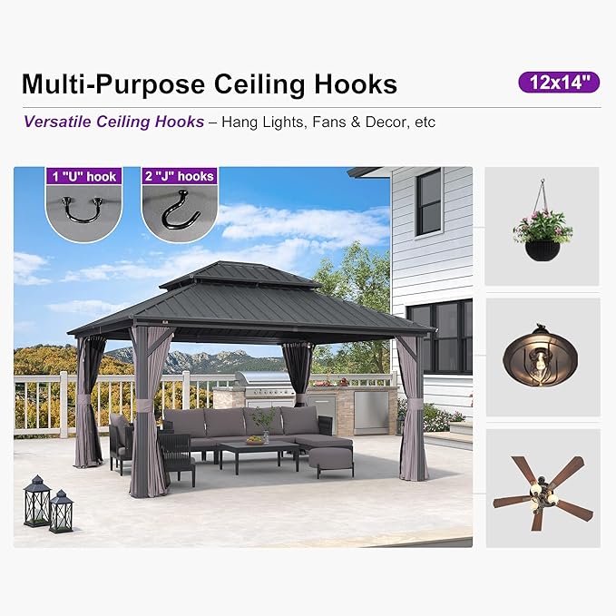 PURPLE LEAF 12'x14' Hardtop Gazebo with Lights Double Roof on Galvanized Steel Frame Outdoor Pavilion Including Netting and Curtains for Patio Garden Deck Grey