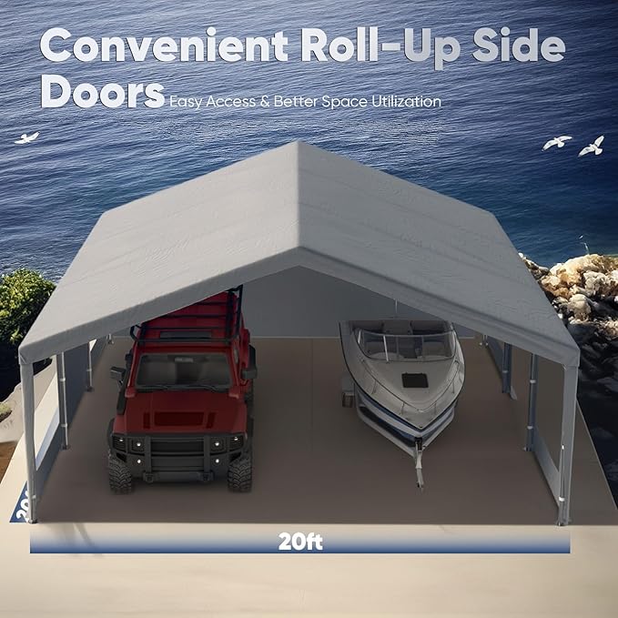 Quictent 20x20 ft Heavy Duty 2 Car Carports with Side Zipper Doors & Snowproof Steel Cables & Ventilated Windows, Waterproof Storage Shelter for Car, Boat, Outdoor Equipment, Gray