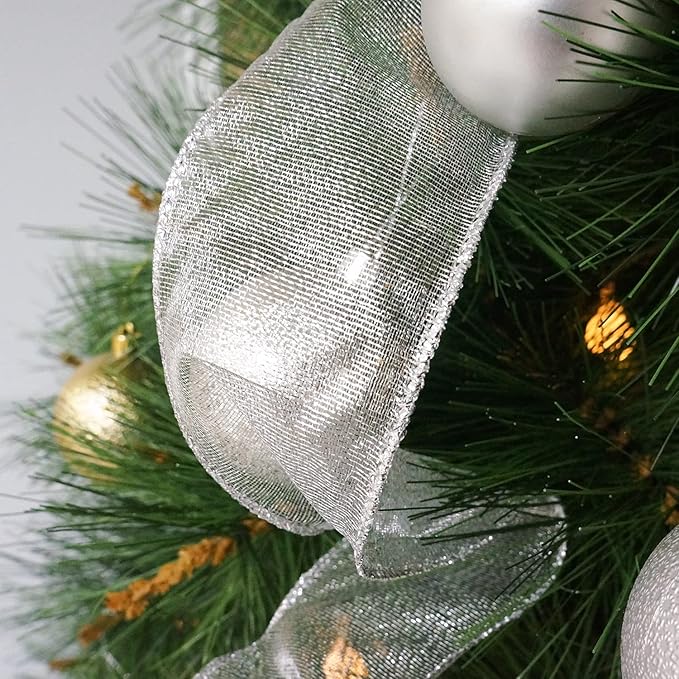 CT CRAFT LLC Sliver Snowflake Less Glitter Christmas Tree Topper Bow 11" with 4 Ribbon Streamers x 3 Yards Long Each for Holidy Elegant Fancy Home Décor Indoor