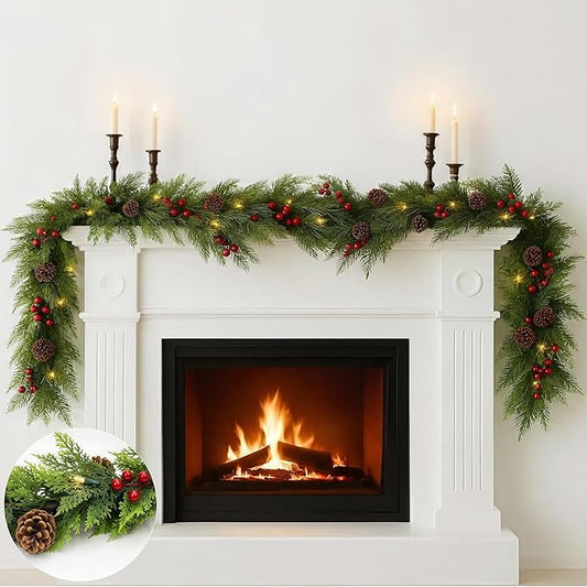 6.5FT Christmas Garland, Premium Rattan Garland with 30 LED Lights & Upgraded Battery Box, 4 Real Pinecones, 4 Berry Clusters, Indoor/Outdoor Christmas Decorations for Table, Mantle, Fireplace, Door