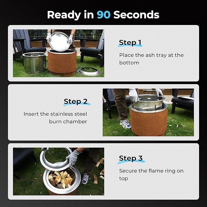 KOL 20 Smokeless Dual Flame Fire Pit for Outdoor - Thick Corten Steel & Stainless Steel Wood Burning Firepits with Stand, Portable Bonfire Pit with Removable Ash Pan for Patio, Backyard, Campsite