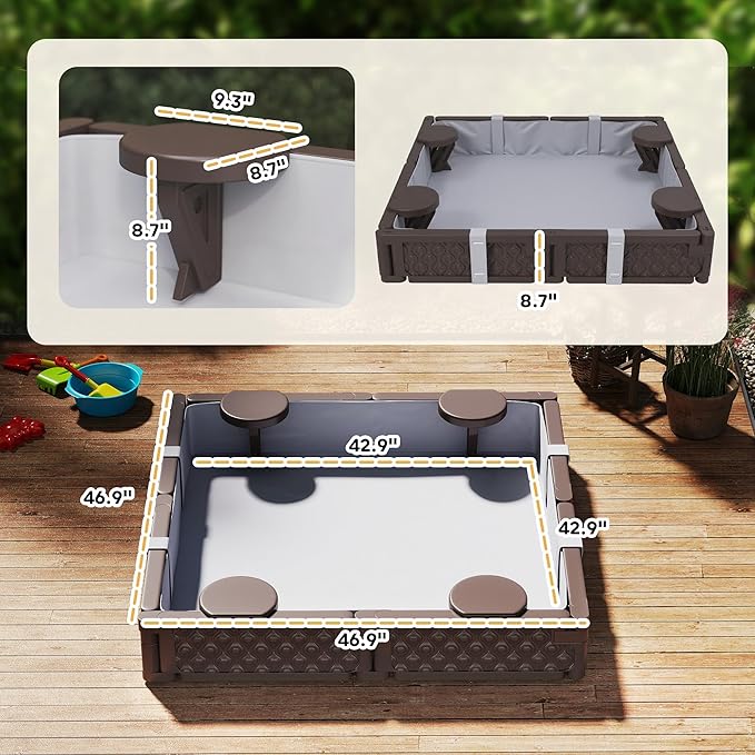 Qaba Kids Sandbox with Cover, Square 47 HDPE Large Sand Pit with 4 Seats, Waterproof Bottom Liner, Weather Resistant Outdoor Sand Box for Backyard, Lawn, Garden, Beach, Patio, Brown