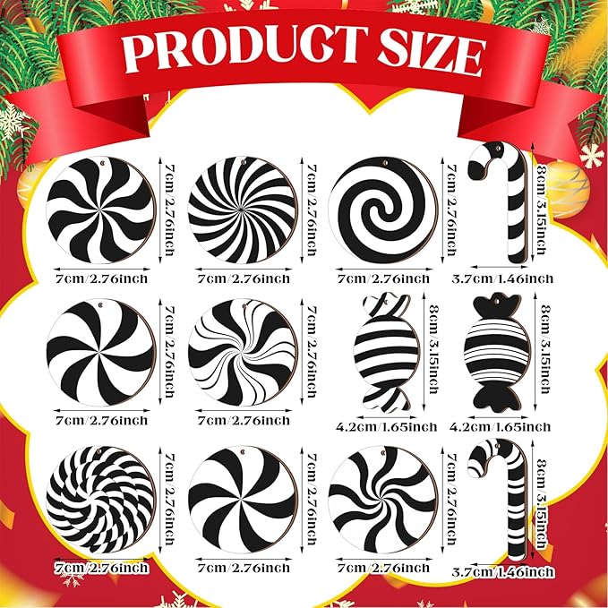 Qunclay 36 Pcs Christmas Candy Hanging Ornaments Wooden Christmas Tree Decorations Black and White Xmas Peppermint Lollipop Ornament Set for Holiday Birthday Party Decoration Supplies Crafts Gifts