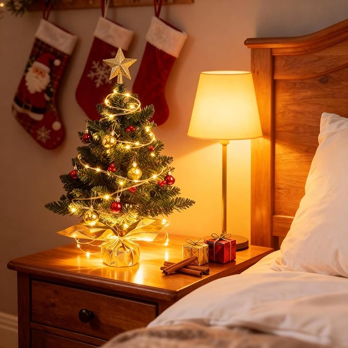 Liecho 24 Inch Tabletop Mini Christmas Tree, Miniature Pine Christmas Tree with Hanging Ornaments, Battery Operated Artificial Xmas Tree, Best DIY Christmas Decorations-Gold