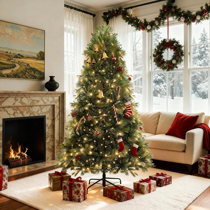 HOTEAGLE 7.5FT Prelit Artificial Christmas Tree - Abundant Branch Tips, 400 UL Clear Lights - Ideal for Indoor Home & Office Holiday Decor (Green)
