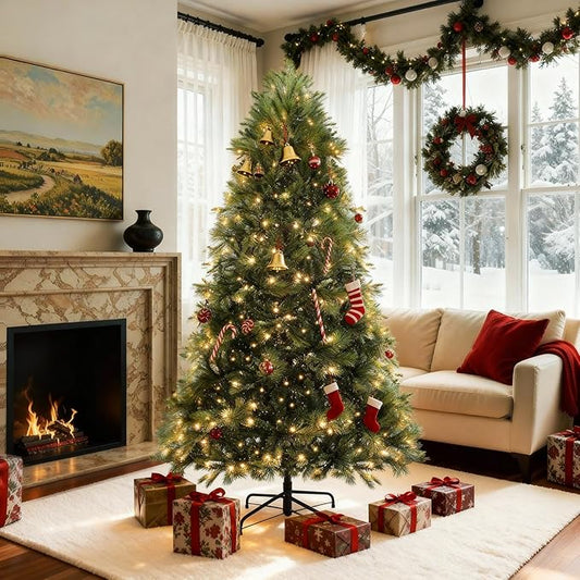 HOTEAGLE 7.5FT Prelit Artificial Christmas Tree - Abundant Branch Tips, 400 UL Clear Lights - Ideal for Indoor Home & Office Holiday Decor (Green)