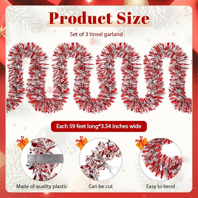 177 Feet Christmas Tinsel Garland Metallic Shiny Hanging Christmas Tree Tinsel Garland Ornaments for Indoor Outdoor Party Wedding Holiday(Red White Silver)