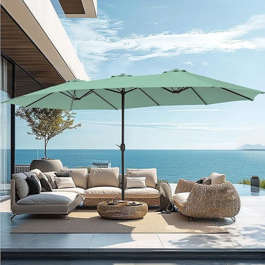 PHI VILLA 15ft Large Patio Umbrellas with Base, Outdoor Double-Sided Rectangle Market Umbrella for Pool Lawn Garden, Mint Green