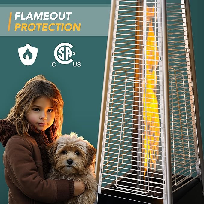 Pamapic Pool Heater Patio Heater, Pyramid 48,000 BTU Portable Heater with Patio Cover, 87 Propane Outdoor Heaters for Patio, Backyard, Balcony with Wheels(Hammered Gray)