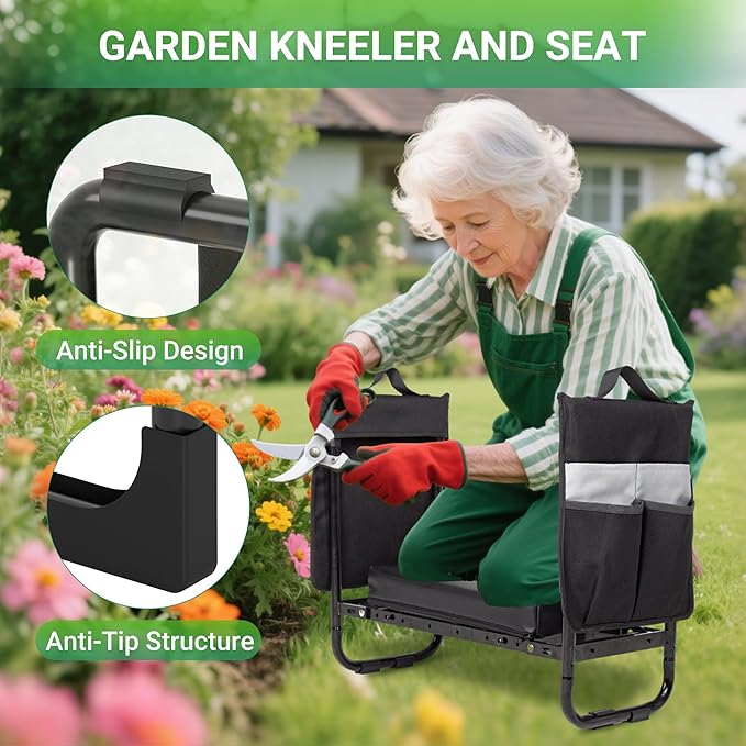 Walensee Garden Kneeler and Seat ? Foldable Heavy Duty Garden Stool with Soft Leather Kneeling Pad, Removable Tool Pouch, Sturdy Steel Frame, No Assembly, Ideal Gardening Gift for Women & Men