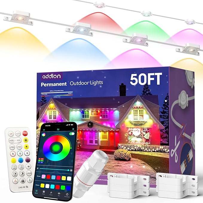 addlon Permanent Outdoor Lights, 50FT with 25 Dual-LED Design, Smart RGB & Warm White Eave Lights, Remote & App Control, Cuttable & Extendable, IP67 Waterproof for House Holiday Christmas Light