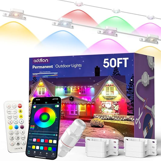 addlon Permanent Outdoor Lights, 50FT with 25 Dual-LED Design, Smart RGB & Warm White Eave Lights, Remote & App Control, Cuttable & Extendable, IP67 Waterproof for House Holiday Christmas Light