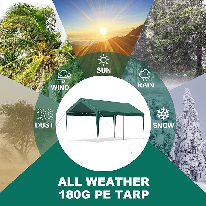 10x20FT Heavy Duty Portable Carport - All-Weather Enclosed Shelter for Cars, Trucks, SUVs & Boats, Waterproof & UV-Resistant Canopy with Removable Sidewalls, Doors, Ground Stakes (Green)