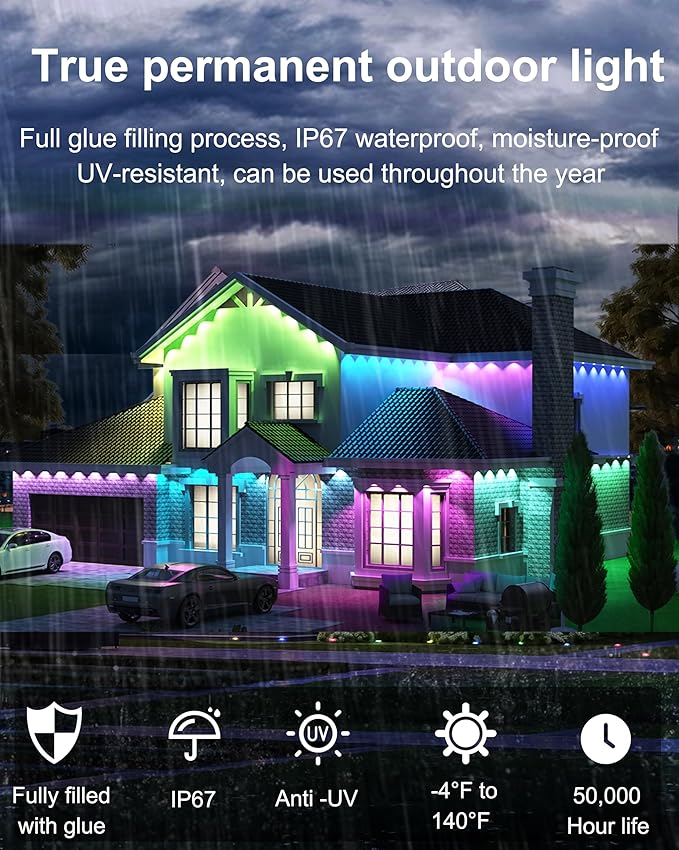 Permanent Outdoor String Lights, 50ft RGBW+IC Smart LED Eaves Lights Waterproof IP67, App & Remote Control, Multi-Colored DIY Scene Lighting for Halloween Christmas House Year-Round Decor