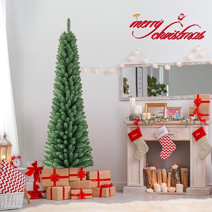 GOFLAME 6FT Prelit Pencil Christmas Tree, Slim Artificial Xmas Tree with 392 Memory Wire Branch Tips, 140 Warm White LED Lights & Upgraded Metal Stand, Seasonal Holiday Decoration Tree for Home Party