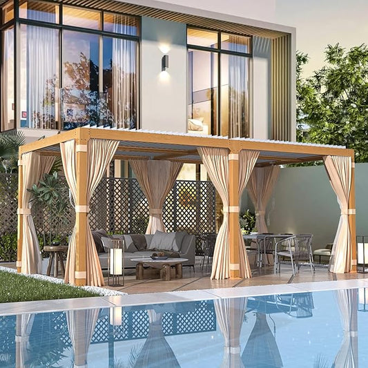 EROMMY Louvered Pergola 10' x 20' Outdoor Hard Top Gazebo with Wooden Grain Aluminum Frame and Adjustable Metal Rainproof Roof for Garden & Patio, Curtains and Netting Included, Wood Grain