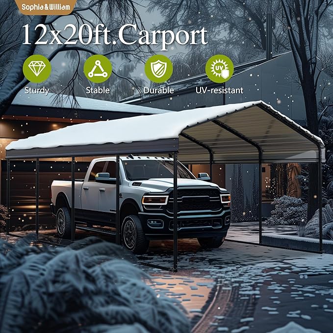Sophia & William Carport Car Port Metal Canopy 12x20 ft Heavy Duty for Snow, Portable Garage Kit Shed Tent Shelter Metal Frame All Weather Outdoor for Boat with Anti-Leak Seam Taped, Dark Grey