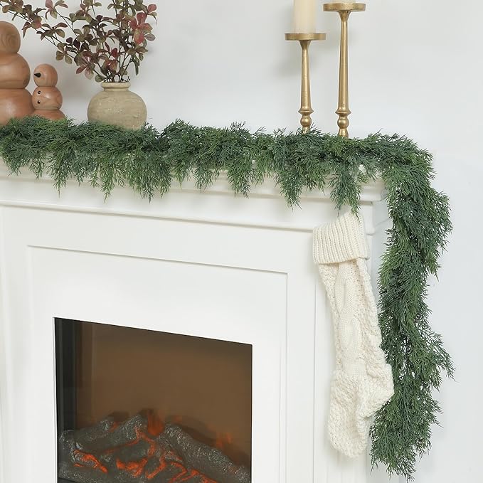Dingion 1 Pcs 6 ft Christmas Cedar Garland - Artificial Realistic Green Faux Cedar Pine Garland Soft and Thick for Home Table, Mantle, Wall, Door, Indoor & Outdoor Christmas Party Decorations