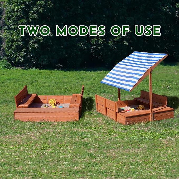 Kids Wooden Outdoor Sandbox with Cover£¬Sand Boxes with Canopy and Foldable Storage Bench Seats, Sand Table with Protection Bottom Liner,Kids Play Equipment for Outdoor(47X47Inch)
