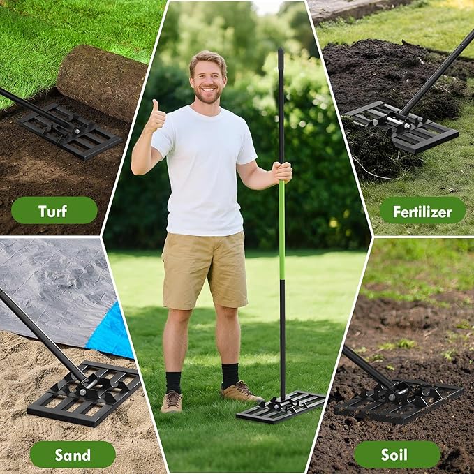 Seeutek Lawn Leveling Rake, 17” x 10” Lawn Leveler with 6.5FT Durable Handle Rakes for Lawns, 0-180° Adjustable Ground Leveler Tool for Yard, Level Soil Sand Dirt Surfaces