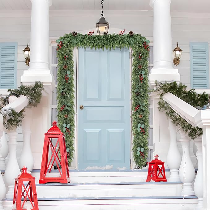 6ft Christmas Garland Realistic Soft and Thickness Green Faux Cedar Pine Garland Artificial Cedar Cypress Garland with Red Berries for Home Fireplace Wall Indoor Outdoor Holiday Party Decoration
