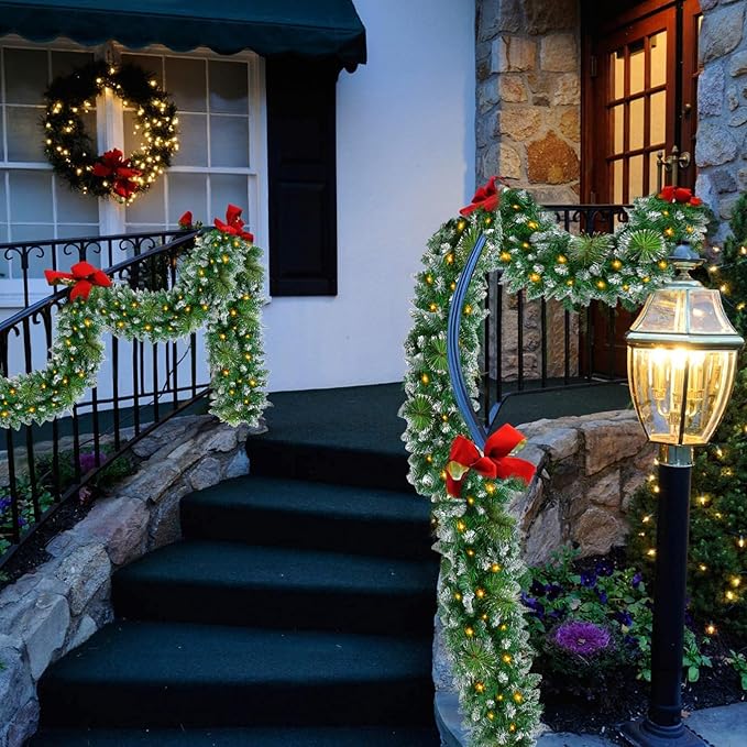 9FT Prelit Christmas Garland with 100 LED Lights Outdoor Lighted Christmas Garland for Mantle, Christmas Lights String Lights with Timer, Snowy Xmas Garland Cedar Bristle Garland