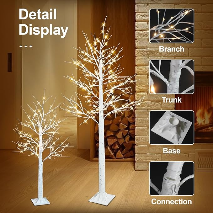 Set of 4 - Birch Tree with LED Lights, 2FT 4FT 5FT 6FT White Christmas Tree, Prelit Artifical Tree Outdoor Christmas Decorations, Lighted Twig Tree, Indoor Outdoor Home Yard Chirstmas Decor