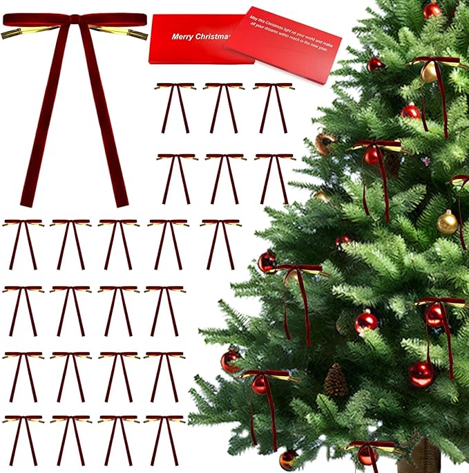 24 Pcs Velvet Bows for Christmas Tree Ribbon Bows for Home Tree Garland Wreath Indoor Rustic Crafts Gift Xmas Decorations Holiday Wedding Outdoor (Burgundy)
