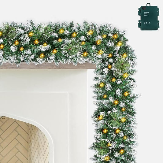 9FT Prelit Christmas Garland with 100 LED Lights Outdoor Lighted Christmas Garland for Mantle, Christmas Lights String Lights with Timer, Snowy Xmas Garland Cedar Bristle Garland