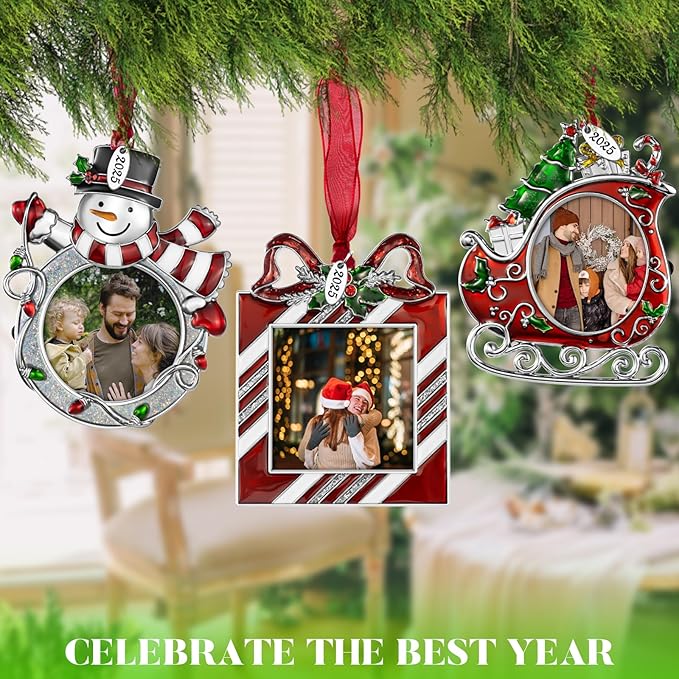 2025 Christmas Tree Ornaments 3 Piece Picture Frame Hanging Ornament Decorative Holiday Keepsake Gift Sleigh Snowman Pendant with 2” Photo Insert for Picture of Pets,Family (Christmas Set)