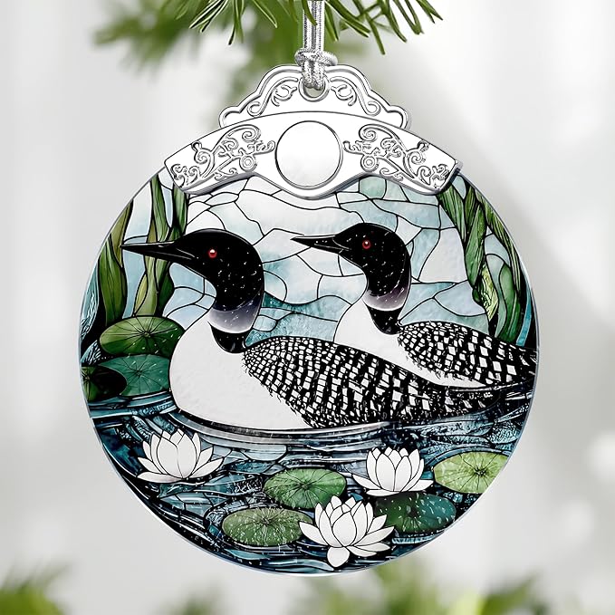 Loon Birds Stained Glass Ornament, Christmas Ornaments – Christmas Tree Ornament, Holiday Decor, Xmas Stocking Stuffers, Gift Idea, Gifts for Bird Lover, Coworker, Friend, and Family