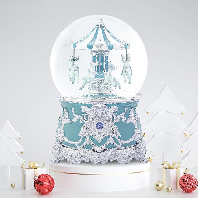 Carousel Music Box Moose Silver & Mint Christmas Snow Globes, 7.1" Rotate Carousel Snow Globe for Kids & Adults, Classic Wind up Musical Snow Globe Birthday Gifts for Women Girls, Carousel Home Decor